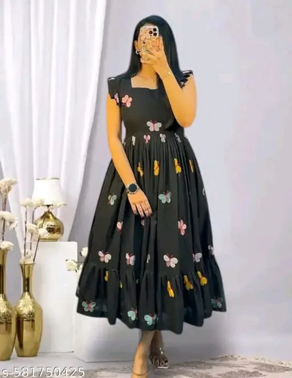 Black_Rayon_Flared_Round_Neck_Gown_For_Women