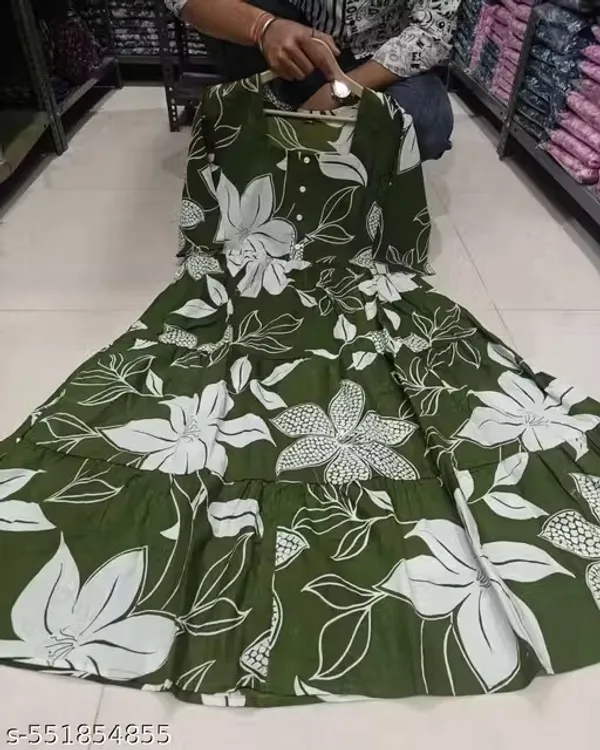 Green_And_White_Rayon_Flared_Round_Neck_Gown_For_Women_Pack_Of_2