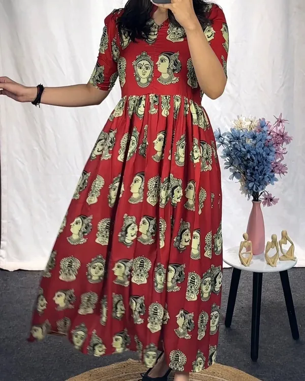 Maroon_Rayon_Flared_Round_Neck_Gown_For_Women