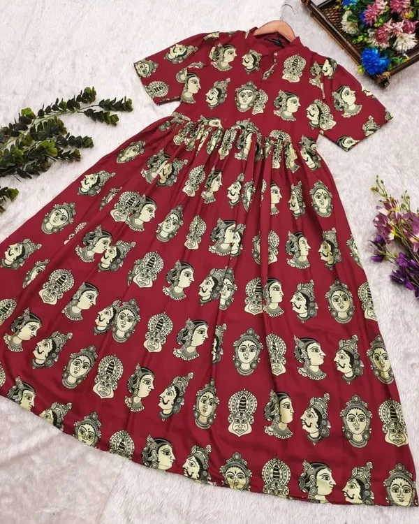 Maroon_Rayon_Flared_Round_Neck_Gown_For_Women