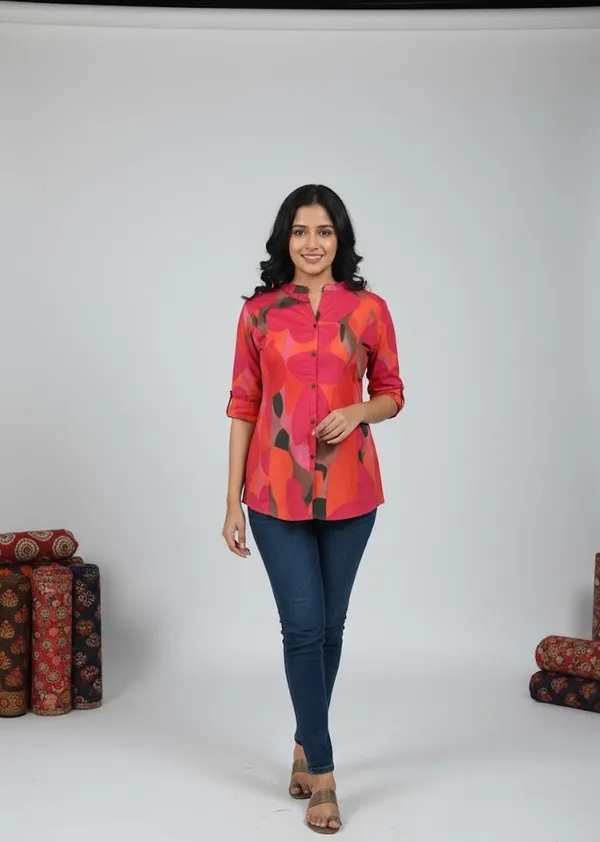 Red_Rayon_Printed_Round_Neck_Top_For_Women