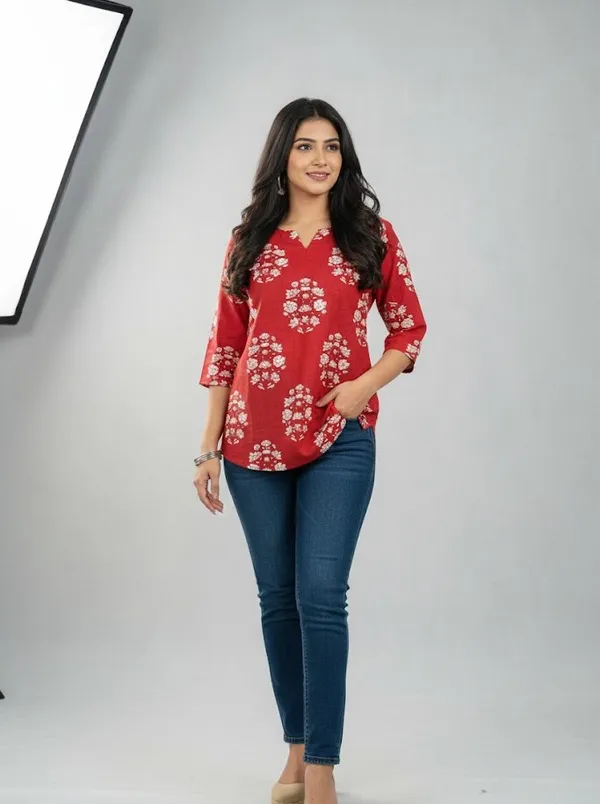 Red_Rayon_Printed_Round_Neck_Top_For_Women