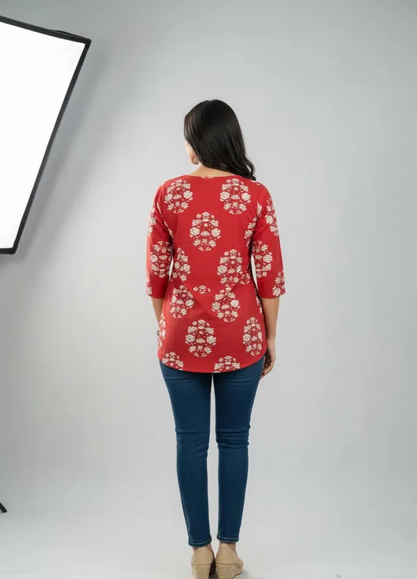 Red_Rayon_Printed_Round_Neck_Top_For_Women