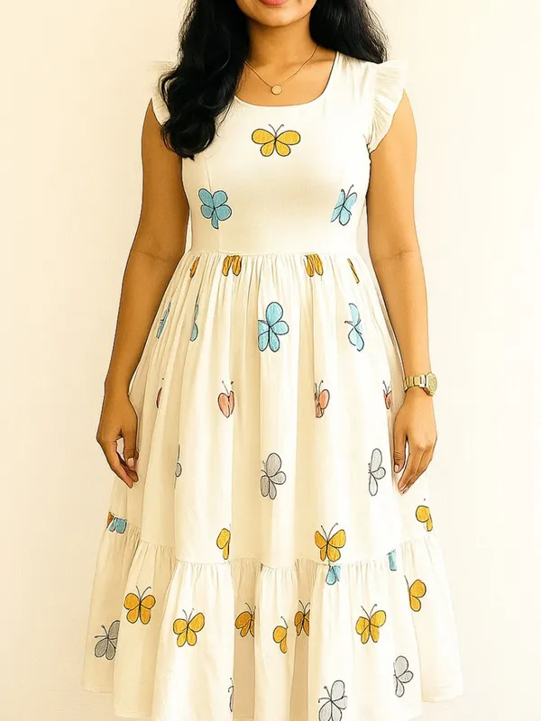White_Rayon_Flared_Round_Neck_Gown_For_Women