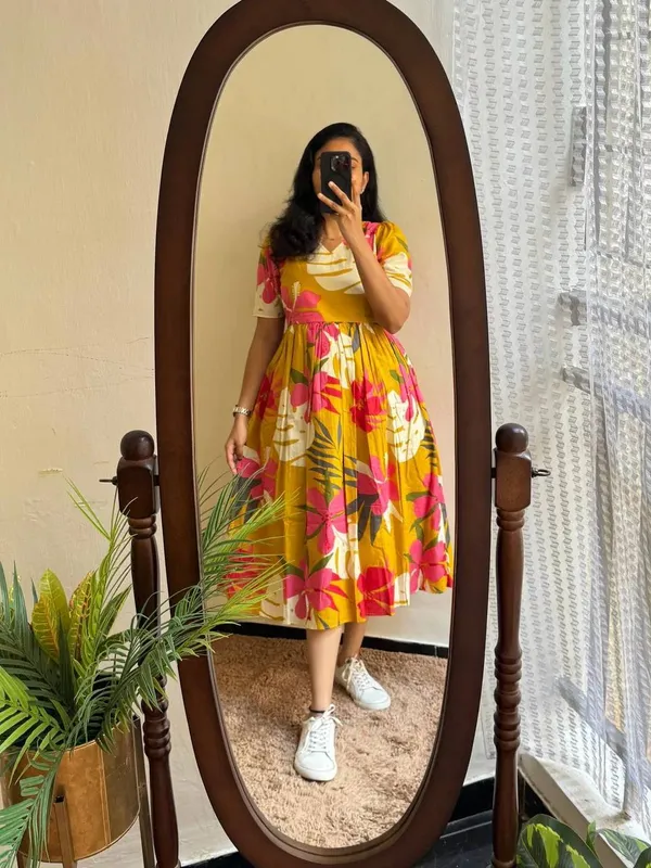 Yellow_Rayon_Flared_Round_Neck_Gown_For_Women