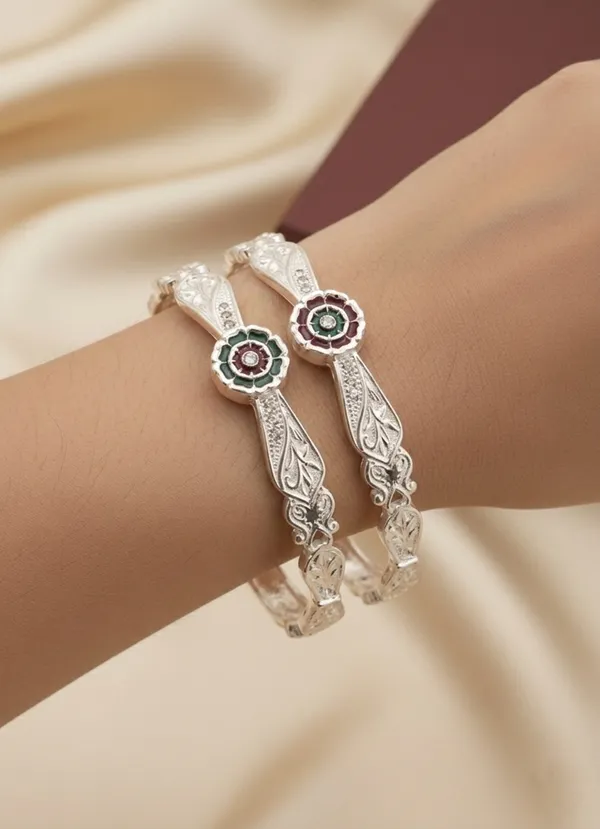 Silver_Plated_Flower_Bangles_With_Minakari_(Pack_of_2)