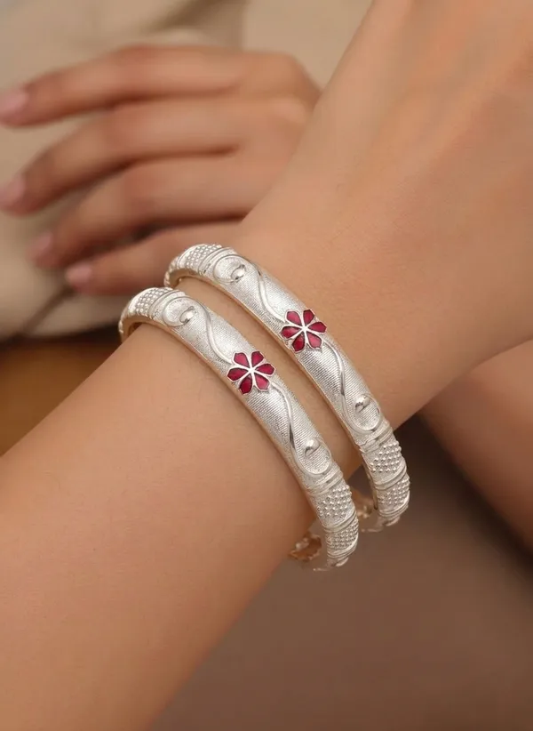 Silver_Plated_Red_Meena_Floral_Designer_Bangles
