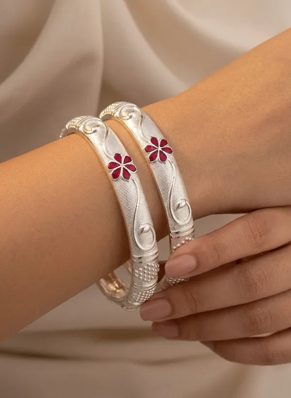 Silver_Plated_Red_Meena_Floral_Designer_Bangles