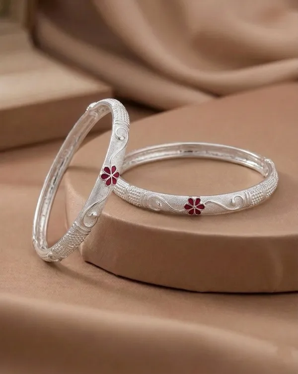 Silver_Plated_Red_Meena_Floral_Designer_Bangles