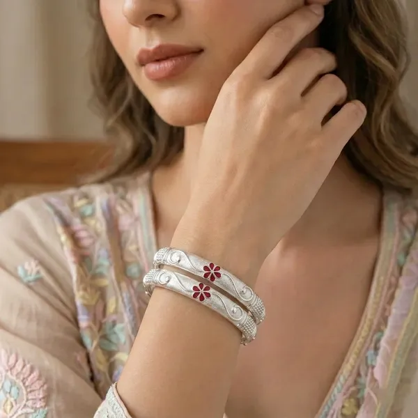 Silver_Plated_Red_Meena_Floral_Designer_Bangles