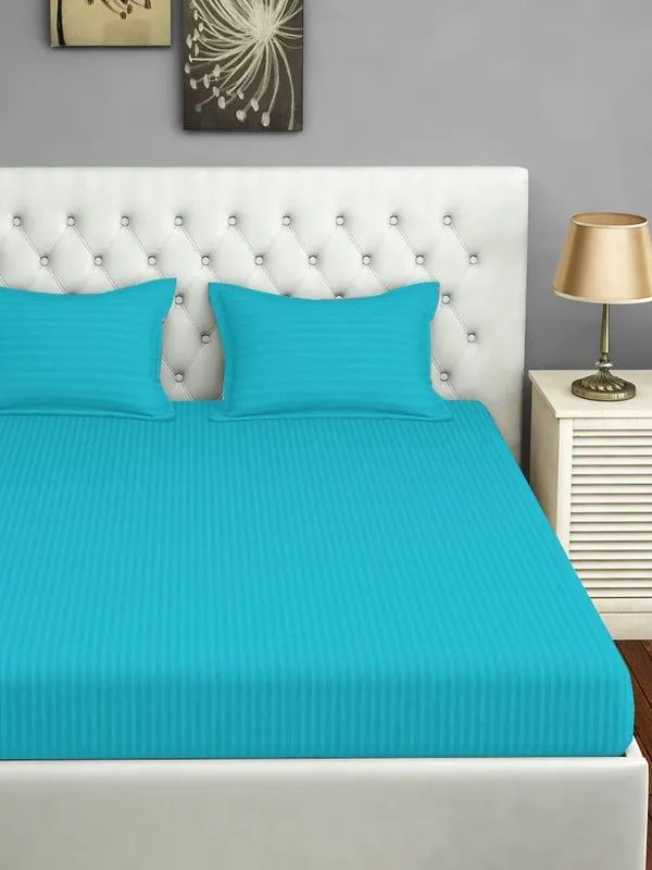 Sky_Blue_Cotton_Fitted_Bedsheet_With_Pillow_Covers