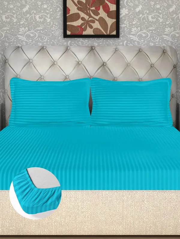 Sky_Blue_Cotton_Fitted_Bedsheet_With_Pillow_Covers