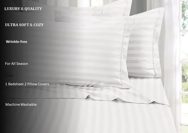 White_Cotton_Striped_Bedsheet_With_Pillow_Covers