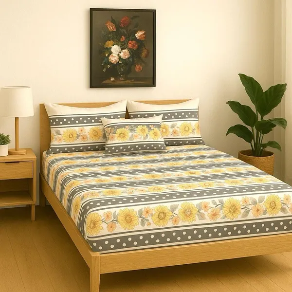 Yellow_And_Black_Cotton_Fitted_Bedsheet_With_Pillow_Covers