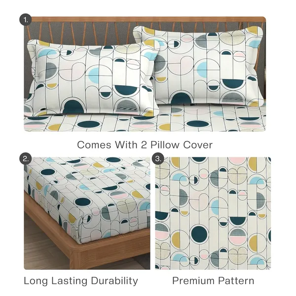 White_And_Multicolor_Cotton_Fitted_Bedsheet_With_Pillow_Covers