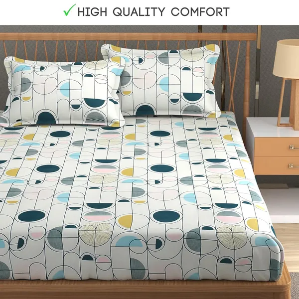 White_And_Multicolor_Cotton_Fitted_Bedsheet_With_Pillow_Covers
