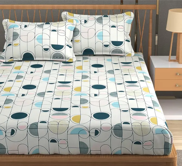 White_And_Multicolor_Cotton_Fitted_Bedsheet_With_Pillow_Covers