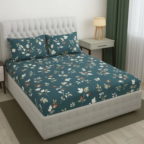 Teal_Blue_Cotton_Fitted_Bedsheet_With_Pillow_Covers