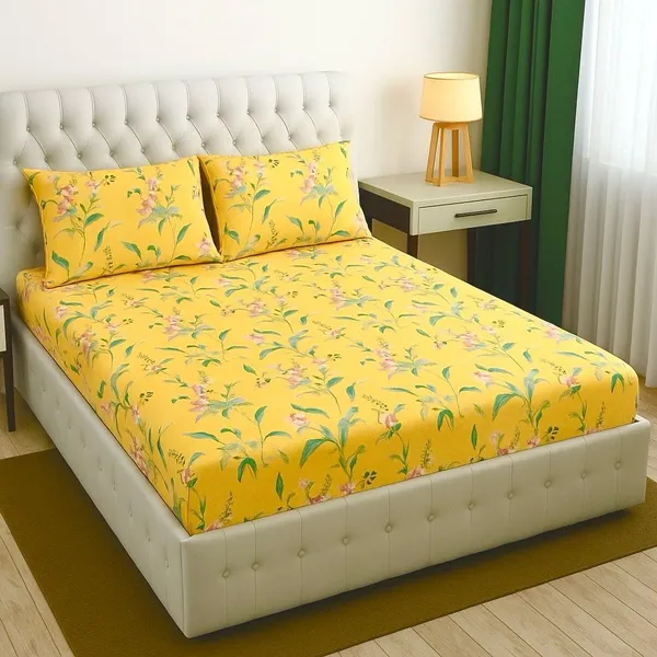 Yellow_Cotton_Fitted_Bedsheet_With_Pillow_Covers