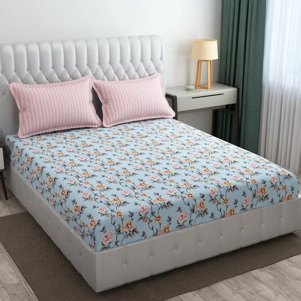 Skyblue_And_Pink_Cotton_Fitted_Bedsheet_With_Pillow_Covers