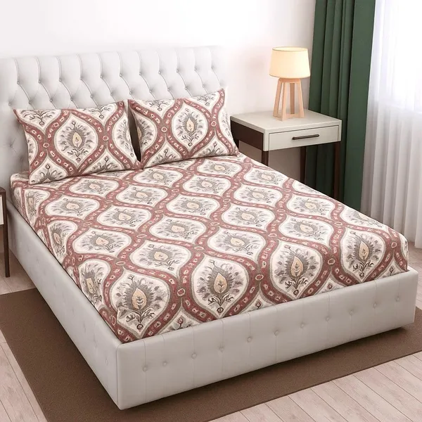 White_And_Red_Cotton_Fitted_Bedsheet_With_Pillow_Covers