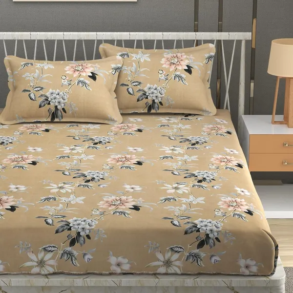 Beige_Cotton_Fitted_Bedsheet_With_Pillow_Covers