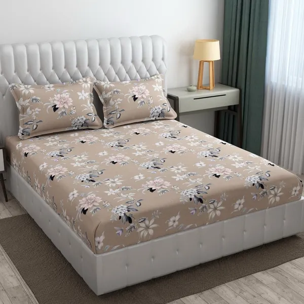 Beige_Cotton_Fitted_Bedsheet_With_Pillow_Covers
