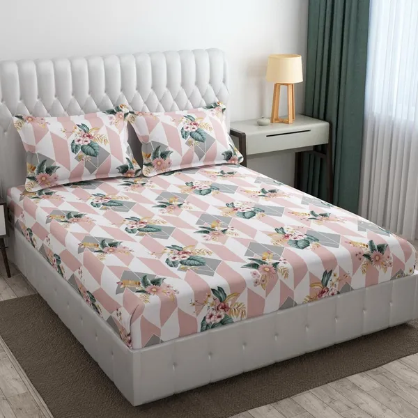 Peach_And_Grey_Cotton_Elastic_Fitted_Bedsheet_With_Pillow_Covers