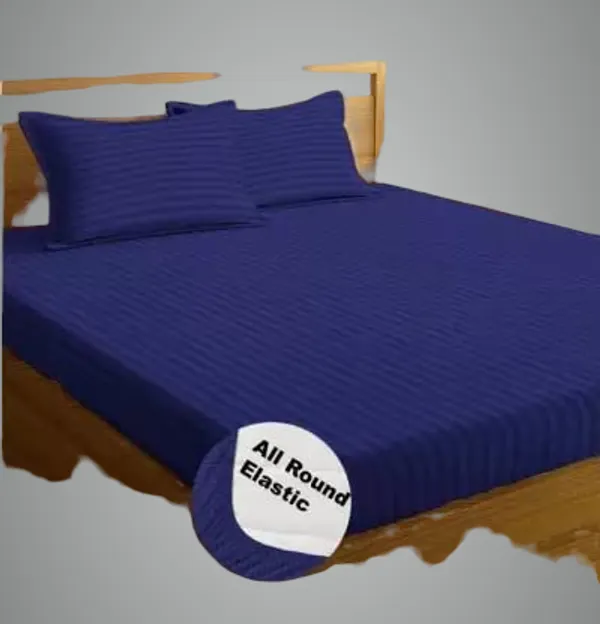 Dark_Blue_Cotton_Fitted_Bed_Bedsheet_With_Pillow_Covers
