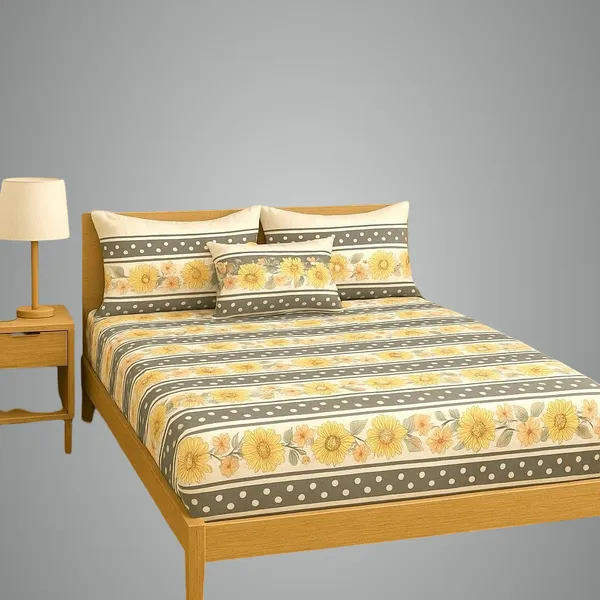 Yellow_And_Black_Cotton_Fitted_Bedsheet_With_Pillow_Covers