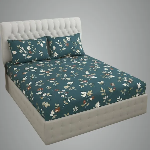 Teal_Blue_Cotton_Fitted_Bedsheet_With_Pillow_Covers