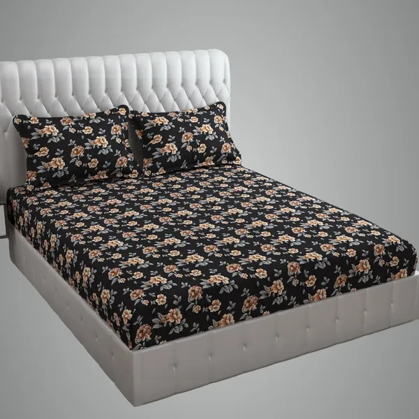Black_And_Golden_Cotton_Fitted_Bedsheet_With_Pillow_Covers