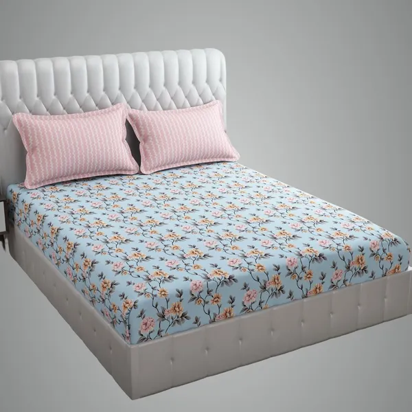Skyblue_And_Pink_Cotton_Fitted_Bedsheet_With_Pillow_Covers
