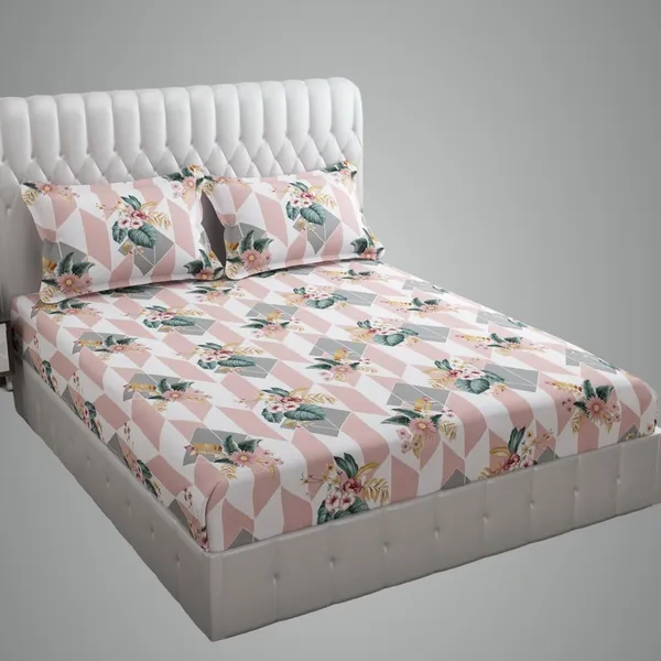 Peach_And_Grey_Cotton_Elastic_Fitted_Bedsheet_With_Pillow_Covers