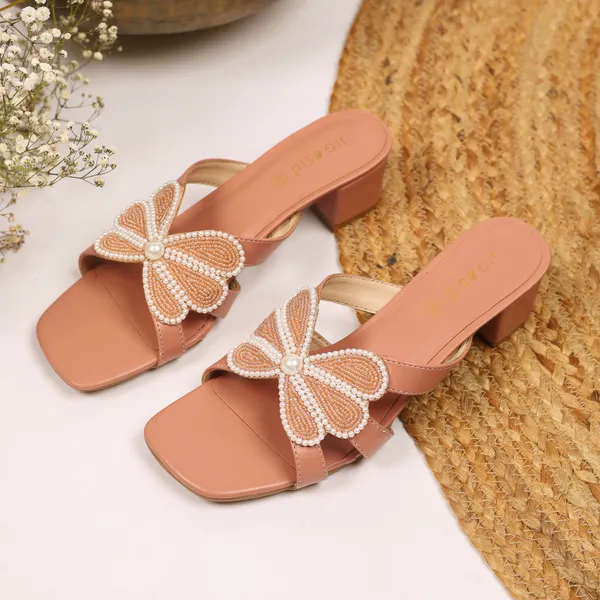 Peach_Synthetic_Leather_Heels_For_Women