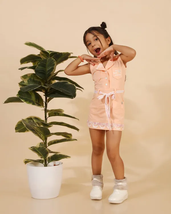 Peach_Denim_Premium_Shirt_Dress_With_Belt_&_Lace_Hem_For_Girls