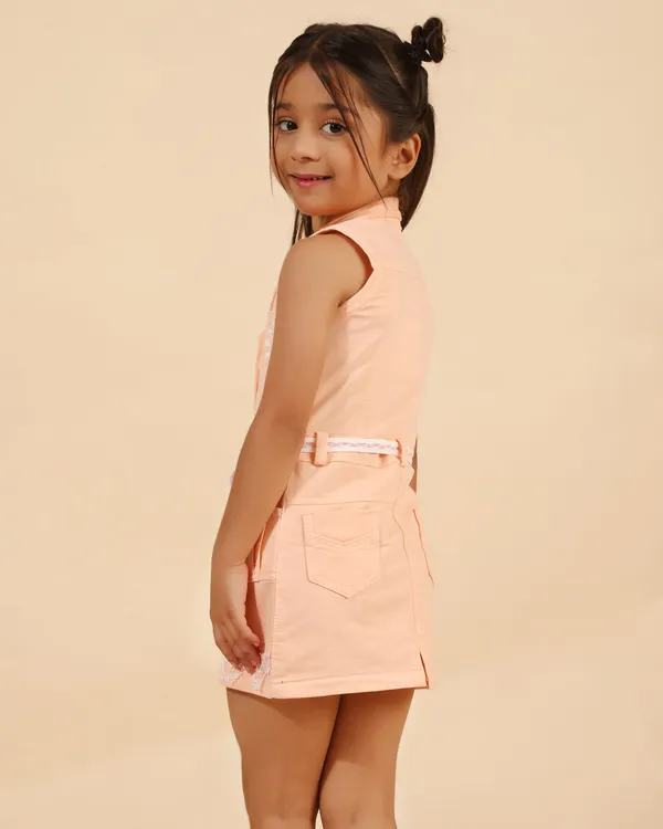 Peach_Denim_Premium_Shirt_Dress_With_Belt_&_Lace_Hem_For_Girls
