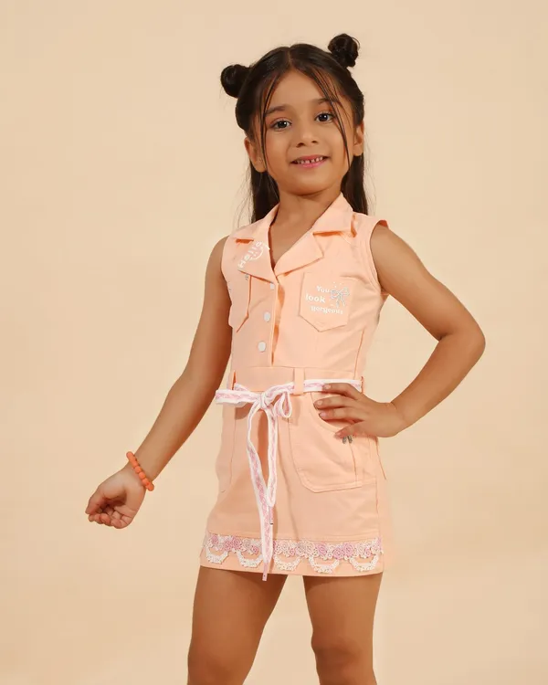 Peach_Denim_Premium_Shirt_Dress_With_Belt_&_Lace_Hem_For_Girls