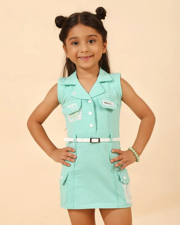 Green_Denim_Premium_Shirt_Dress_With_Belt_For_Girls