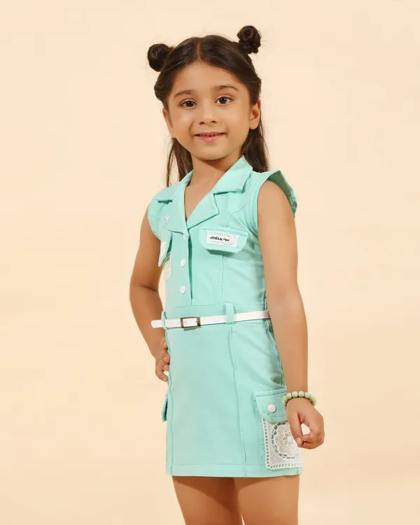 Green_Denim_Premium_Shirt_Dress_With_Belt_For_Girls