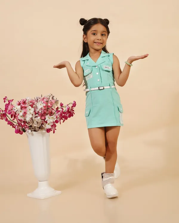 Green_Denim_Premium_Shirt_Dress_With_Belt_For_Girls