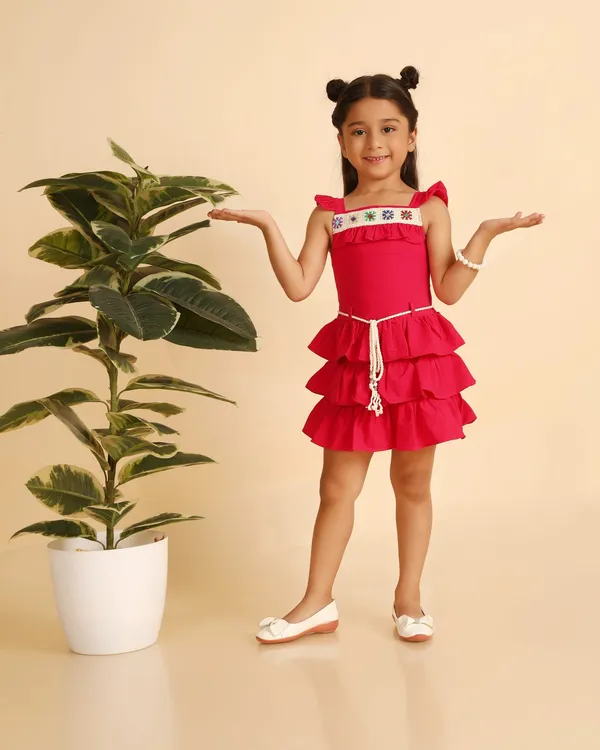 Pink_Cotton_Blend_Premium_Dress_With_Waist_Tie_For_Girls