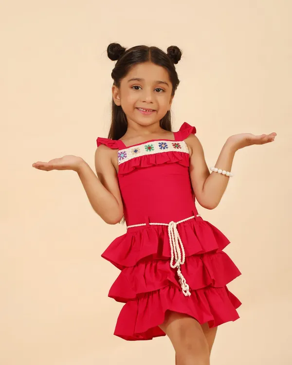 Pink_Cotton_Blend_Premium_Dress_With_Waist_Tie_For_Girls