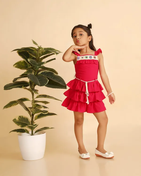 Pink_Cotton_Blend_Premium_Dress_With_Waist_Tie_For_Girls