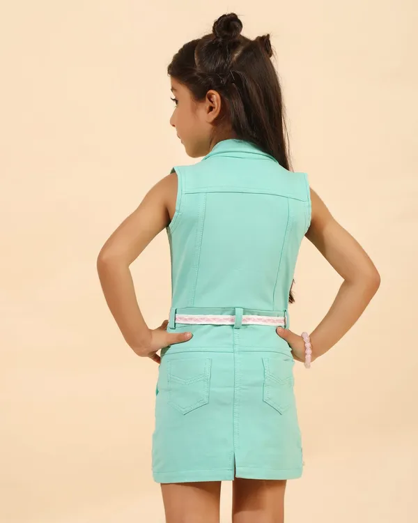 Green_Denim_Premium_Shirt_Dress_With_Belt_&_Lace_Hem_For_Girls