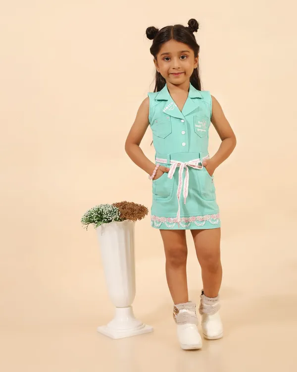 Green_Denim_Premium_Shirt_Dress_With_Belt_&_Lace_Hem_For_Girls