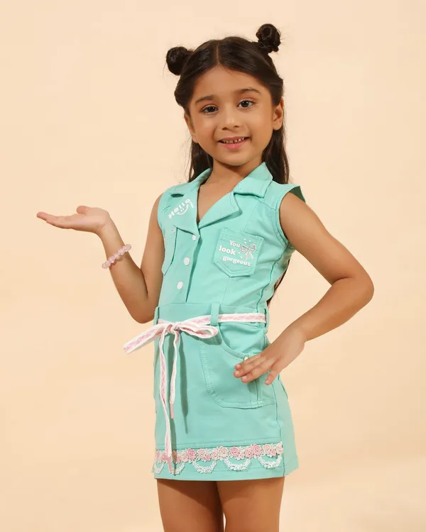 Green_Denim_Premium_Shirt_Dress_With_Belt_&_Lace_Hem_For_Girls