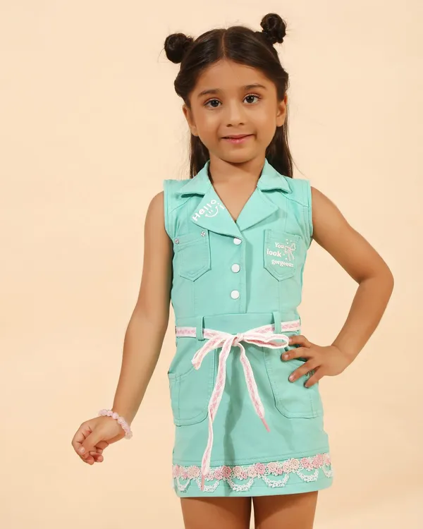 Green_Denim_Premium_Shirt_Dress_With_Belt_&_Lace_Hem_For_Girls