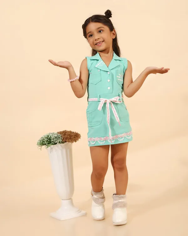 Green_Denim_Premium_Shirt_Dress_With_Belt_&_Lace_Hem_For_Girls