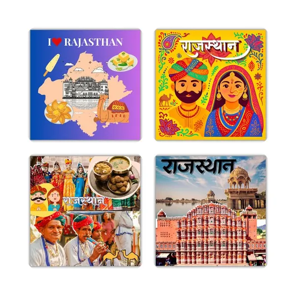 Rajasthan_Themed_Souvenir_Metal_Fridge_Magnets-_Set_Of_4Pcs|3_*_3Inch|No_Colour_Fade|Durable|Unique_Designs|Collectibles|Best_To_Gift|Indian_State|Glossy|_Wardrobe_&_Metal_Surface